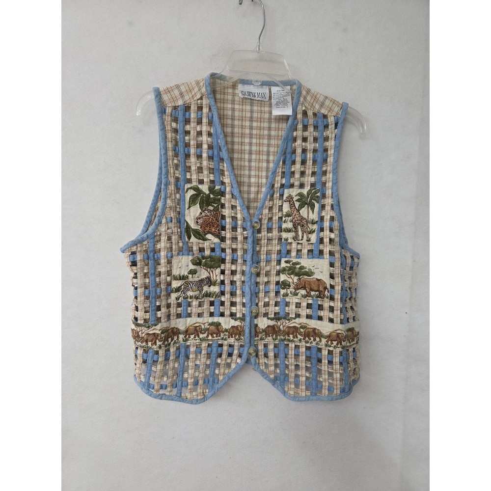 Casey & Max Safari Animal Vest Women Large Blue Plaid Lattice Embroidered Cotton